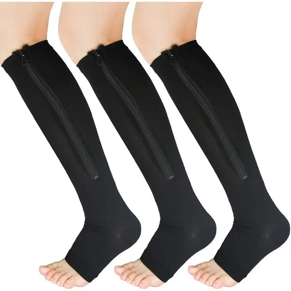 3 Pairs Zipper Compression Socks Women Open Toe Black L/XL